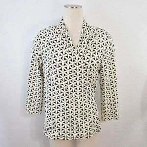 J. McLaughlin Panama faux wrap long sleeve top ivory black geometric women large